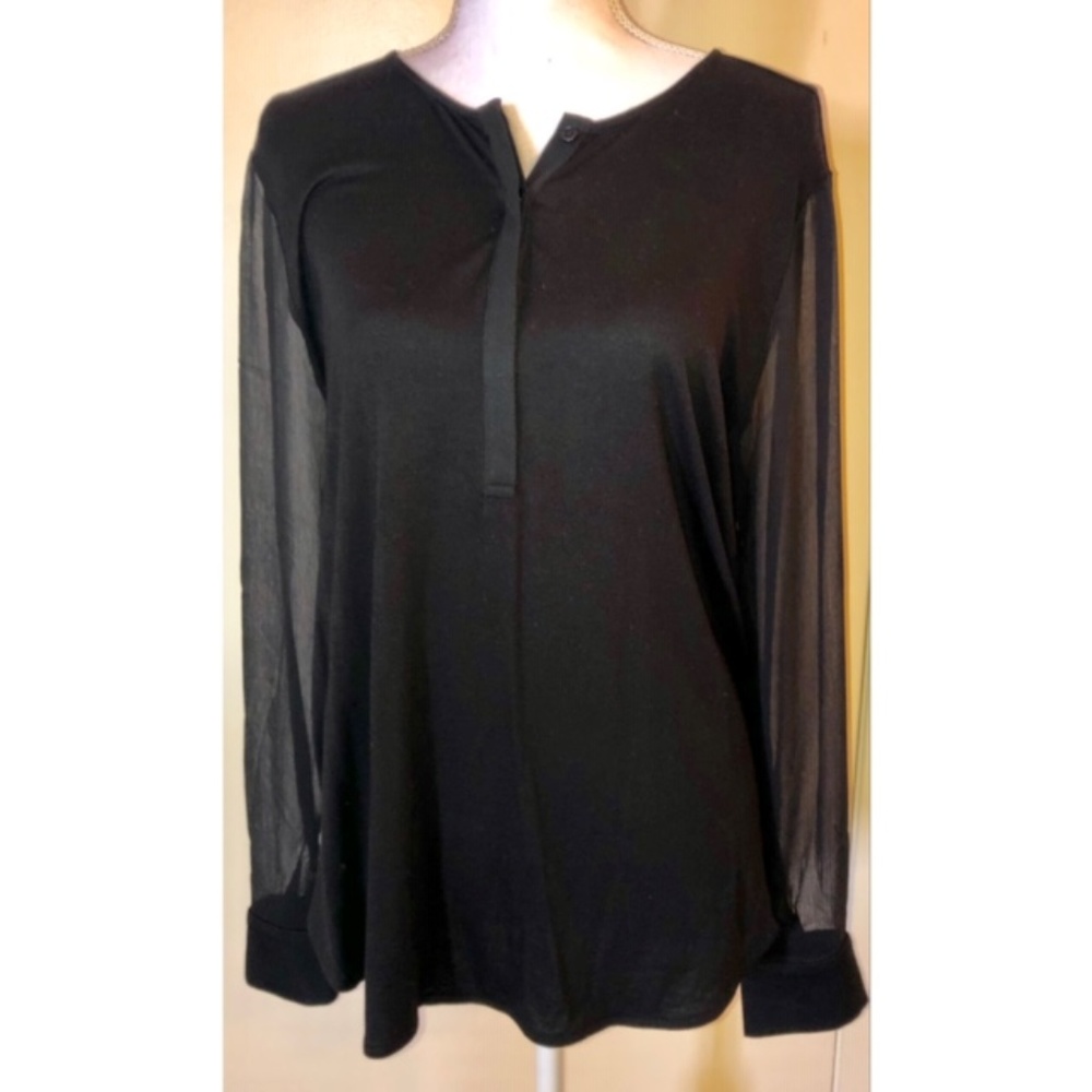 Loft Henley Pop Over Top w/ Sheer Chiffon Sleeves